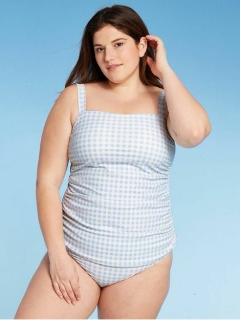 Kona Sol Blue and White Gingham Tank Two-Piece Tankini Swimsuit